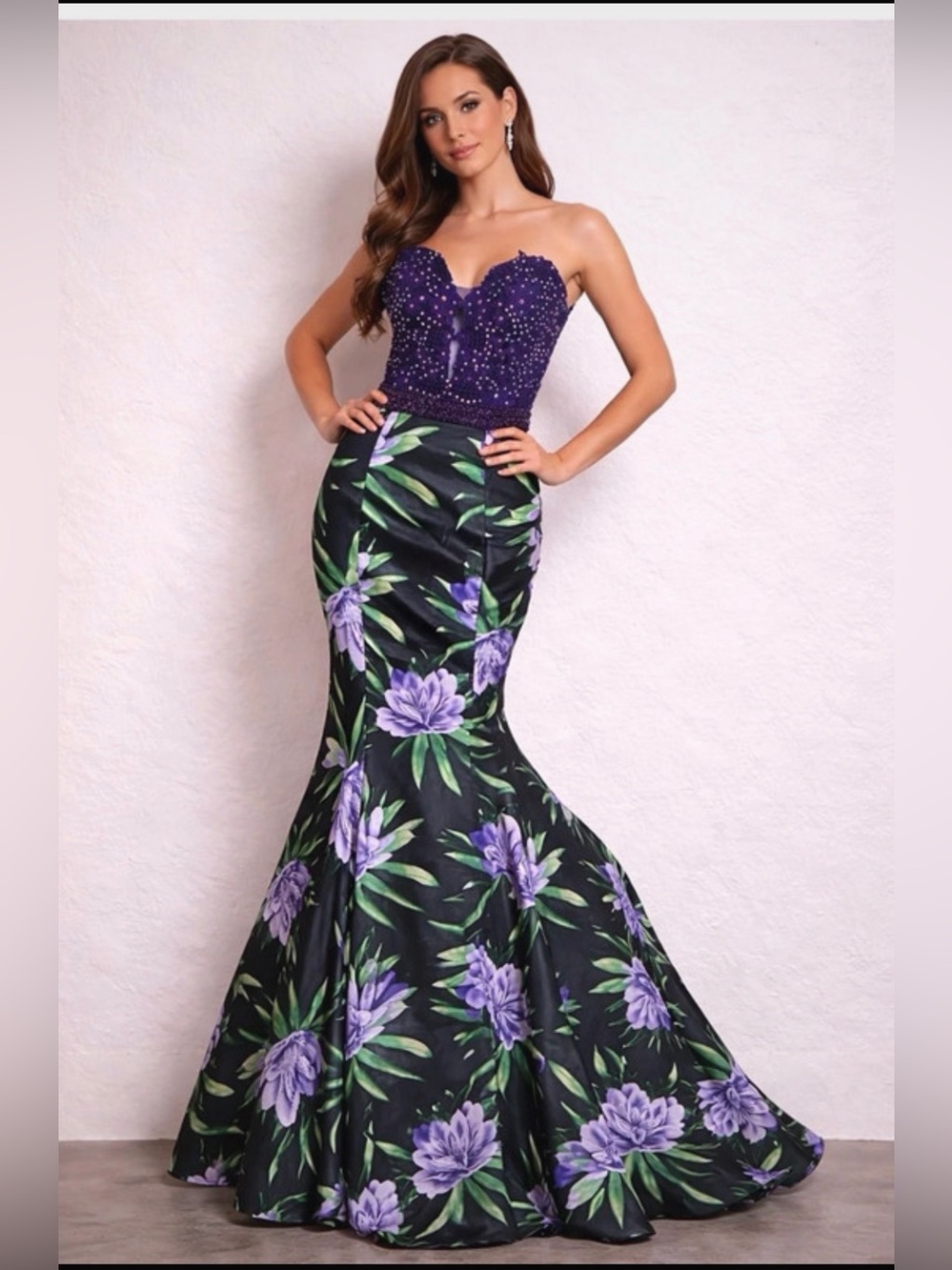Vienna Prom Purple Strapless Mermaid Floral Gown